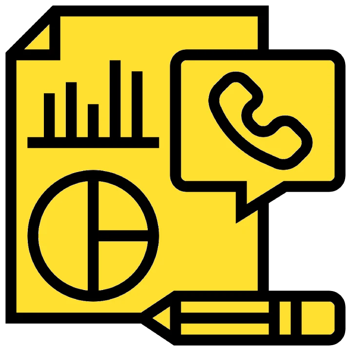 Illustration of a document with bar and pie charts, a speech bubble with a phone icon and "Contact Us" text, and a pencil, all in yellow and black.