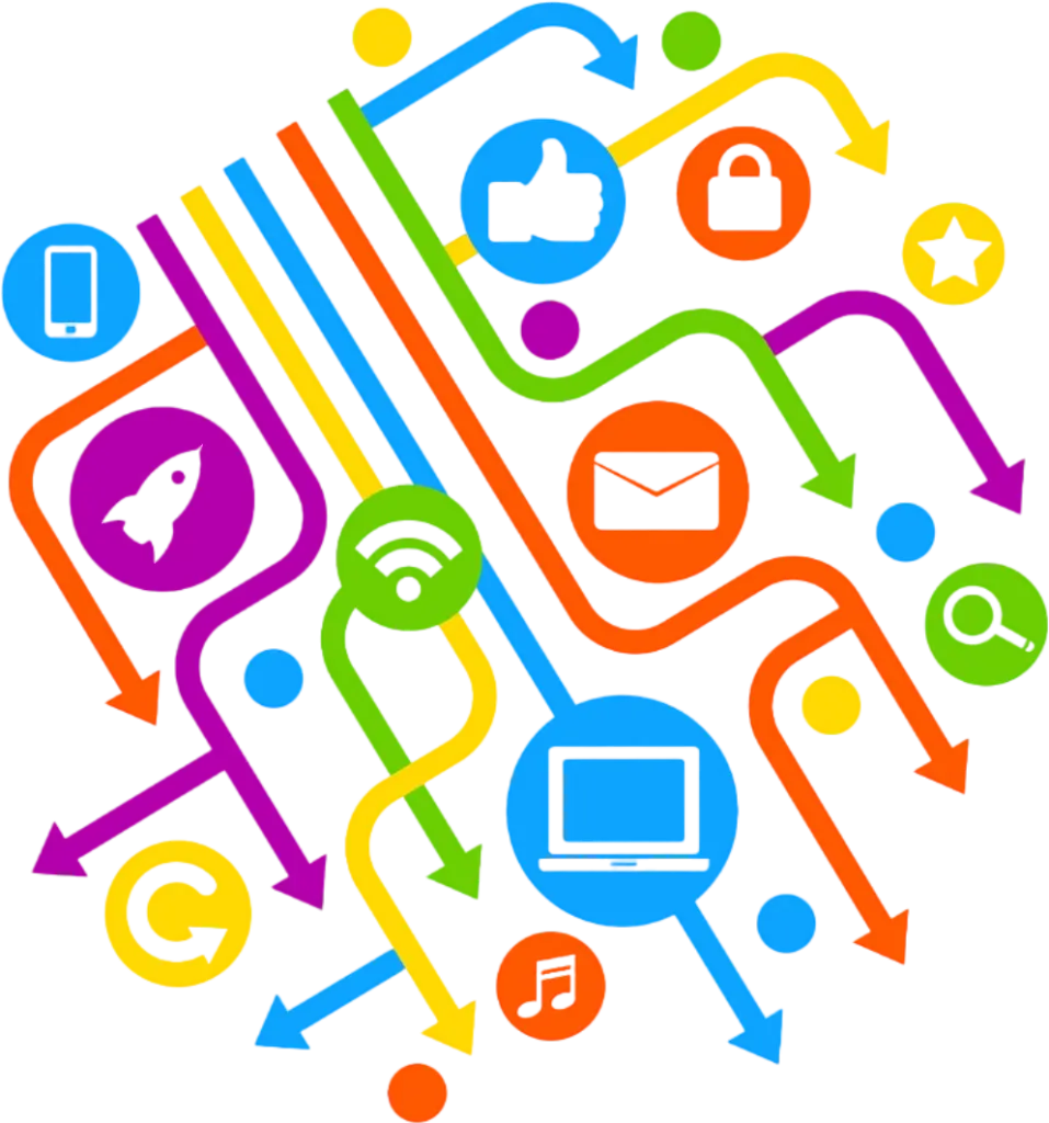 A colorful illustration of various technology and communication icons connected by arrows, including a phone, thumbs up, lock, envelope, camera, and computer, among others—perfectly capturing the essence of digital services.