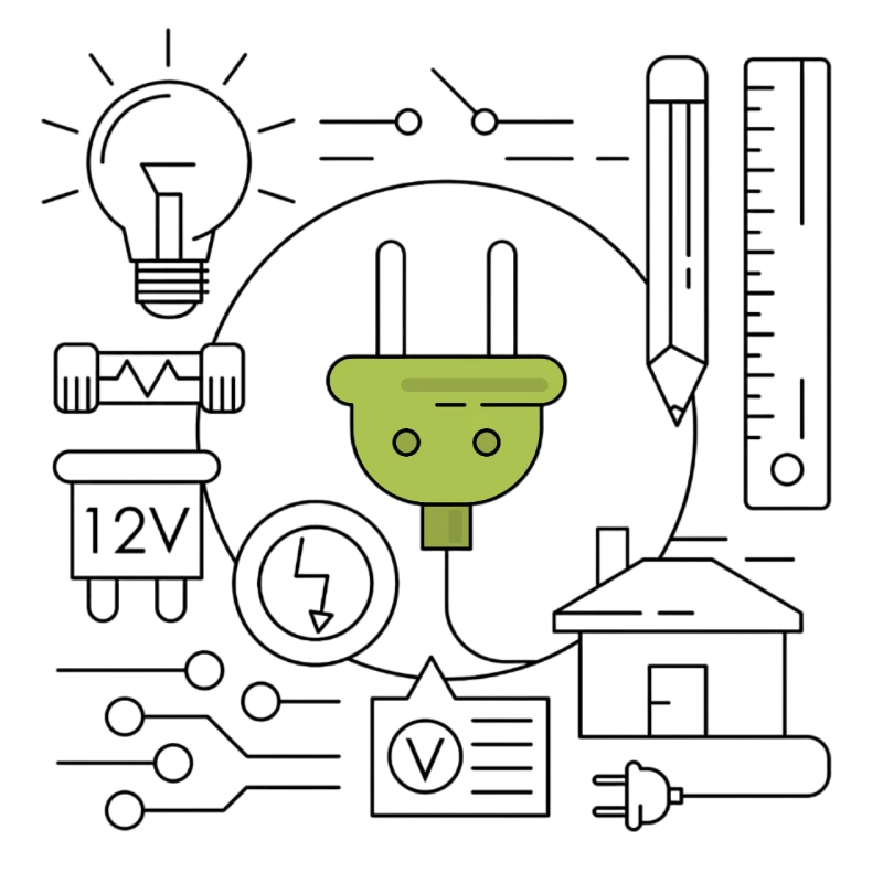 Illustration of a green robot head with simple eyes and mouth against a backdrop of technical drawings, engineering symbols, and electrical engineering services.