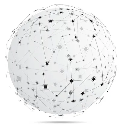 A spherical network of interconnected nodes and lines, with various shapes such as squares and diamonds, representing a complex data or communication structure on a white background.